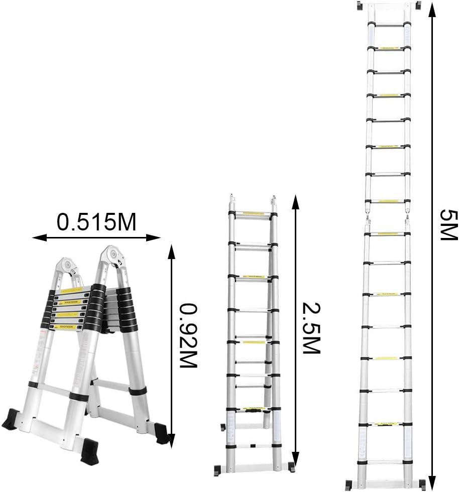 Eulenke 5M (2,5+2,5M) Teleskopleiter - Rutschfester Multifunktionsleiter 150 kg Belastbarkeit - Alul