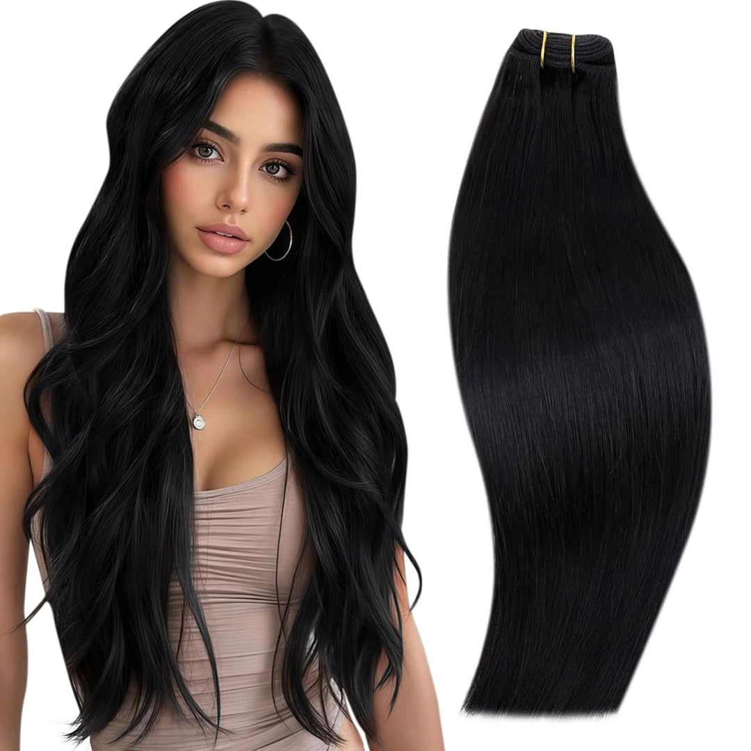 RUNATURE Tressen Echthaar Schwarz 30cm Glatt Haarverlängerung Zum Einnähen Menschliches Haar 70g Kur