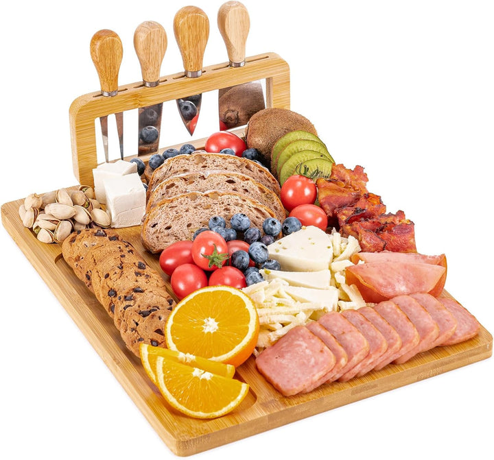 LATERN Bambus Käsebrett Set, 35CM x 27CM Holz Wurstplatte Käseplatte Cheese Charcuterie Board mit 4