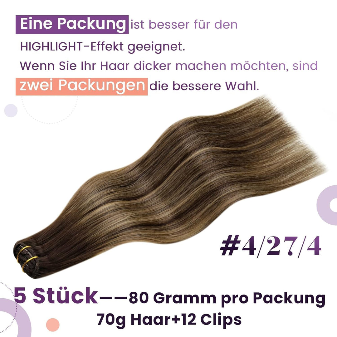 LaaVoo Clip in Extensions Echthaar Remy Balayage Haarverlängerung Echthaar Clip 22 55cm Doppelt Tres