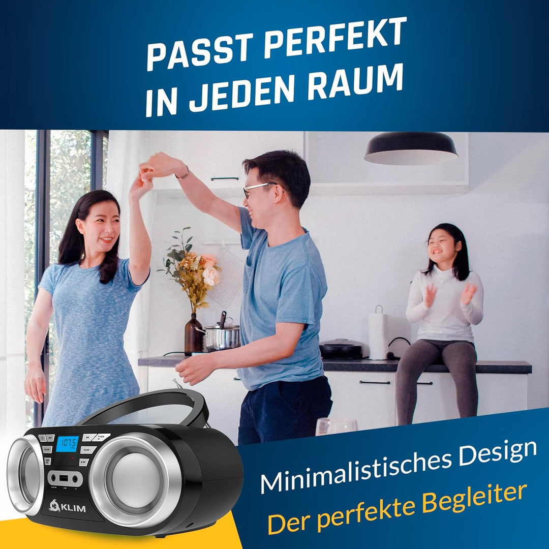 KLIM B3 Tragbarer CD Player Bluetooth Boombox mit FM-Radio, Bluetooth, USB und AUX - Hochwertige Dua