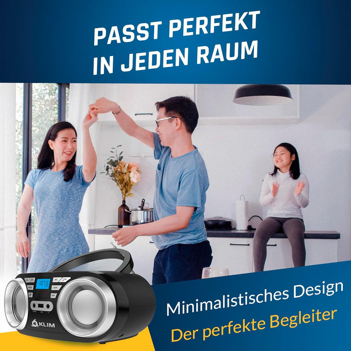 KLIM B3 Tragbarer CD Player Bluetooth Boombox mit FM-Radio, Bluetooth, USB und AUX - Hochwertige Dua