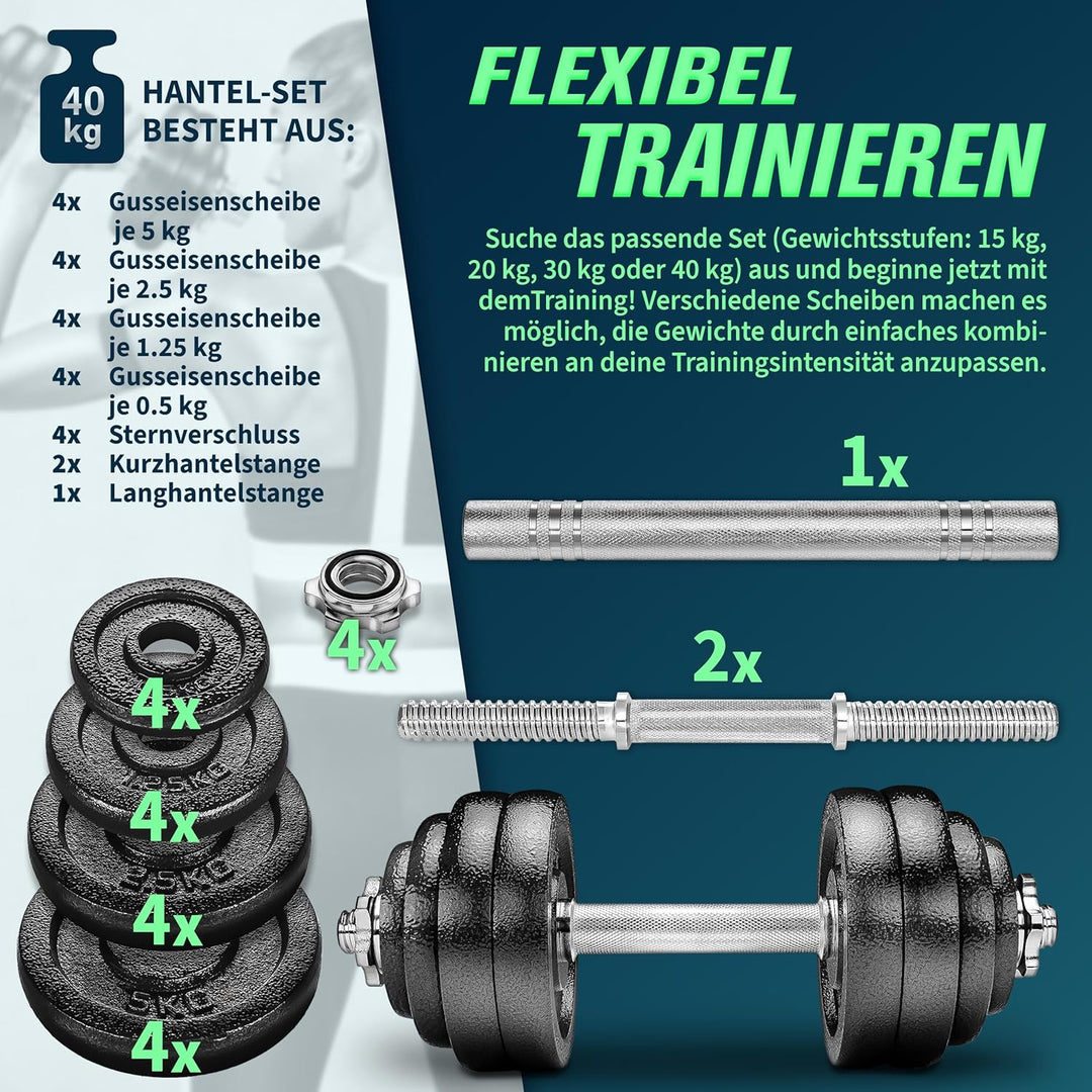 RE:SPORT 2 in 1 Hanteln Set 15-60kg | Hantelset Gusseisen verstellbar | Kurzhantel &amp; Langhantel | St