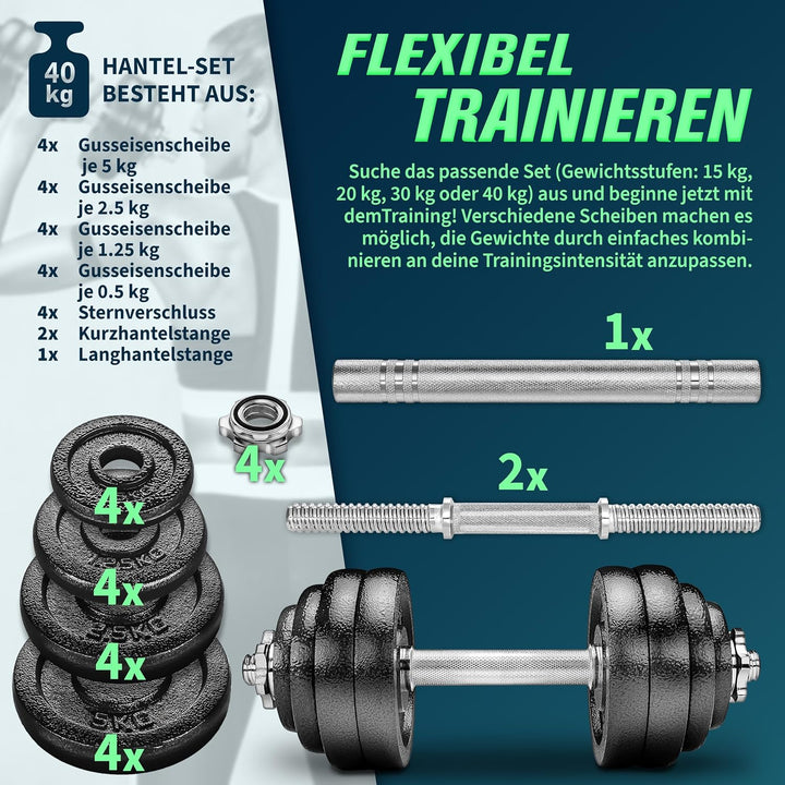 RE:SPORT 2 in 1 Hanteln Set 15-60kg | Hantelset Gusseisen verstellbar | Kurzhantel &amp; Langhantel | St