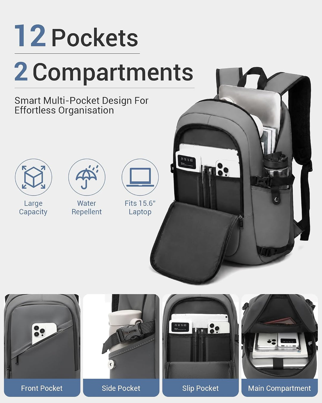 KONO Laptop Rucksack für Herren und Damen, Wasserdichter und Diebstahlsicher Business Laptoprucksack
