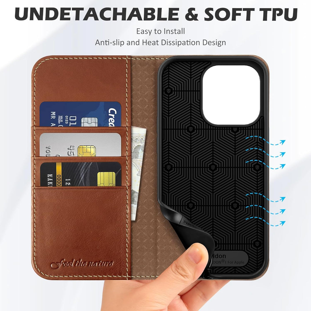 SHIELDON Hülle für iPhone 14 Pro Handyhülle TPU [Echtleder] [Kartenfach] [Magnet] [Standfunktion] [R
