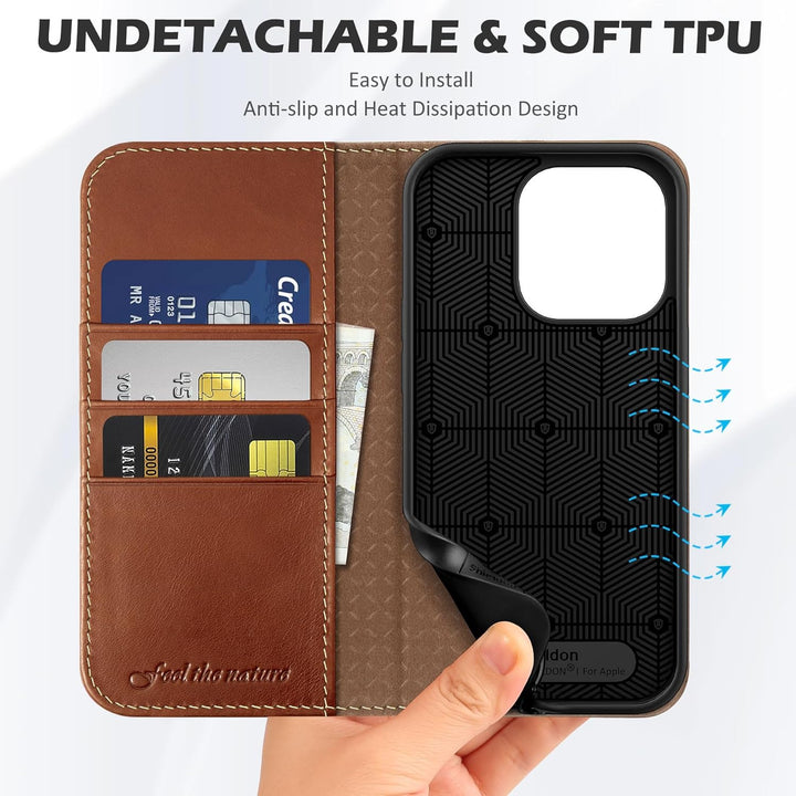 SHIELDON Hülle für iPhone 14 Pro Handyhülle TPU [Echtleder] [Kartenfach] [Magnet] [Standfunktion] [R