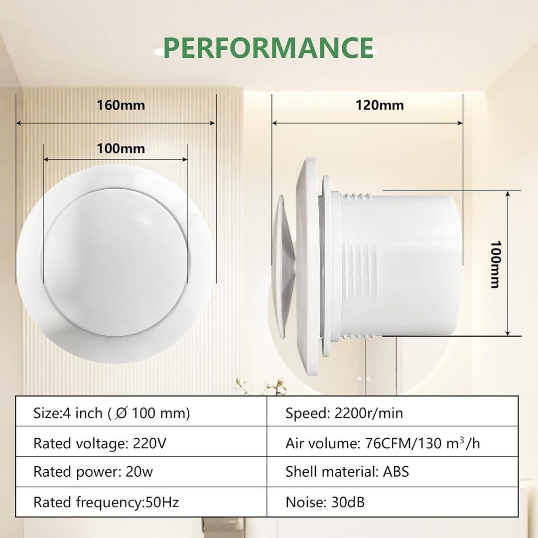 Abluftventilator 100mm 130m³/h, Badlüfter Leiser Starker Luftstrom, für Badezimmer, Toilette, Küche,
