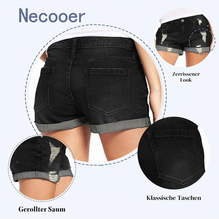 Necooer Damen Casual Ripped Denim Shorts Mittlere Taille Kurze Jeanshose mit Taschen S Schwarz, S Sc