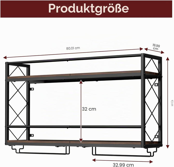 Weinregal, Wandhalterung, 2 Etagen, Wand-Weinregal mit Glashalter, Anti-Drop-Querstange, 80 cm, Meta
