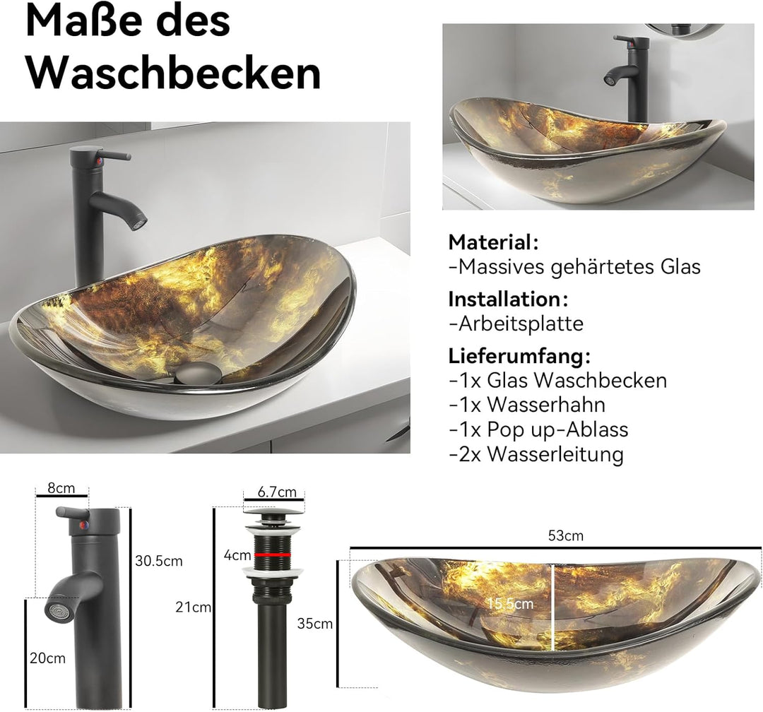 YU YUSING Waschbecken Glas Aufsatzwaschbecken Waschtisch, Oval Hand Waschschale mit Wasserhahn Set,