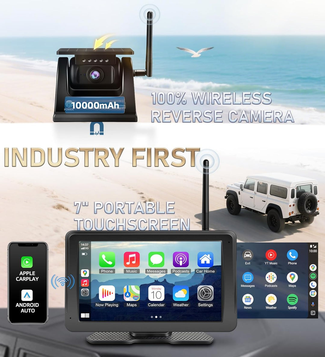 URVOLAX Rückfahrkamera Kabellos Funk: Tragbares 7 Zoll Apple CarPlay/Android Auto - 10.000mAh Akku B