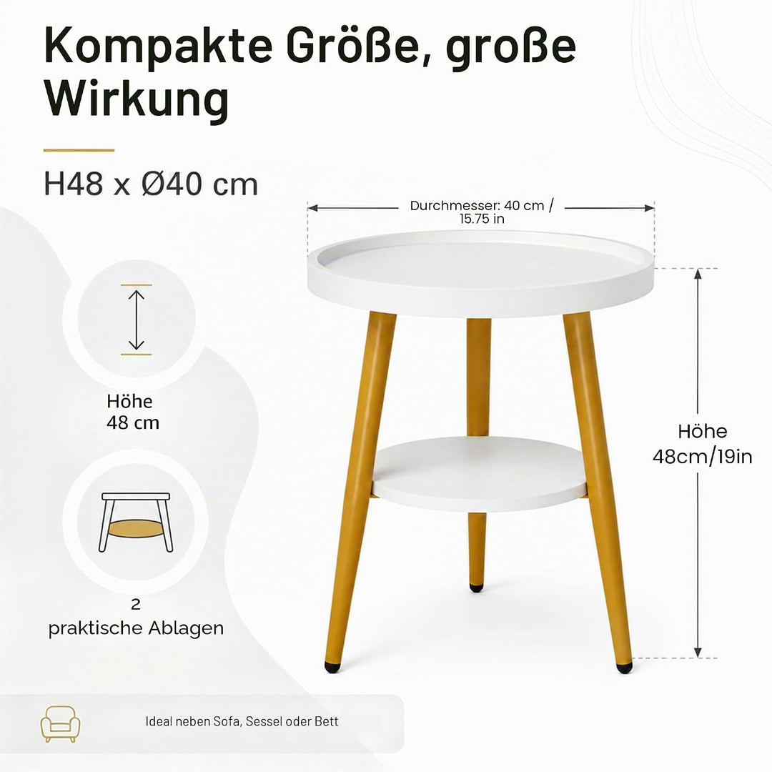 Beistelltisch Rund, Couchtisch Klein mit 2 Ablagen, Kleiner Runder Tisch Einfach zu Montieren (H48X