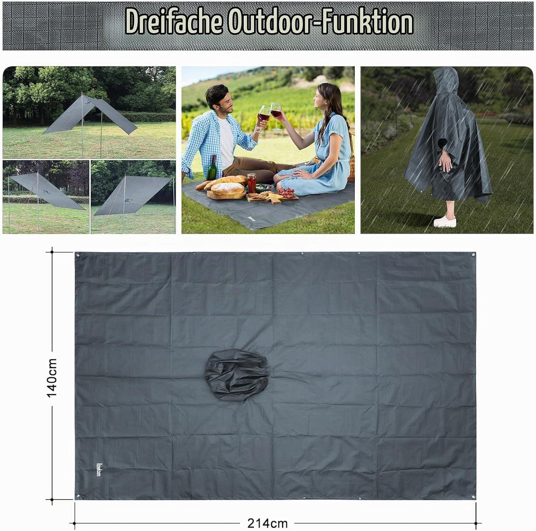 Azeekoom Regenjacke Regenponcho, Regenmantel Wasserdicht Unisex Camping Zelt Campingdecke 3 in 1 Mul