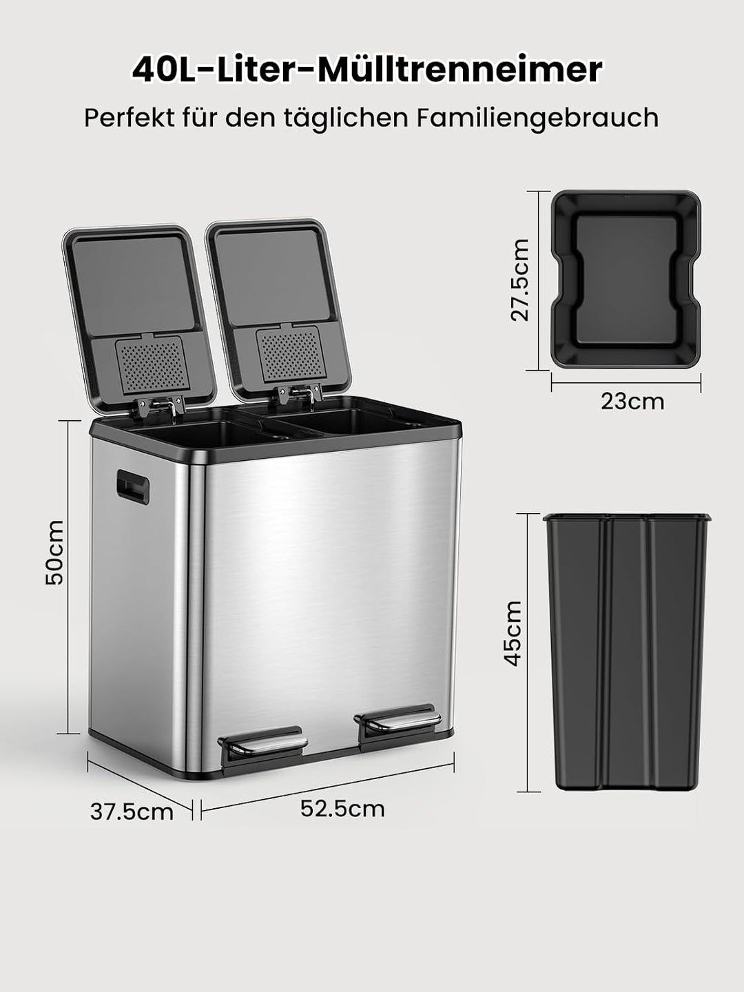 YEAUPE PRO Mülleimer Küche 40L (2x20L), Edelstahl Treteimer mit Fusspedal,Doppel Mülltrennung,Heraus