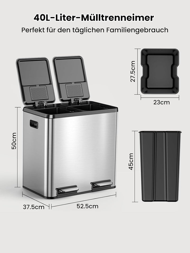 YEAUPE PRO Mülleimer Küche 40L (2x20L), Edelstahl Treteimer mit Fusspedal,Doppel Mülltrennung,Heraus