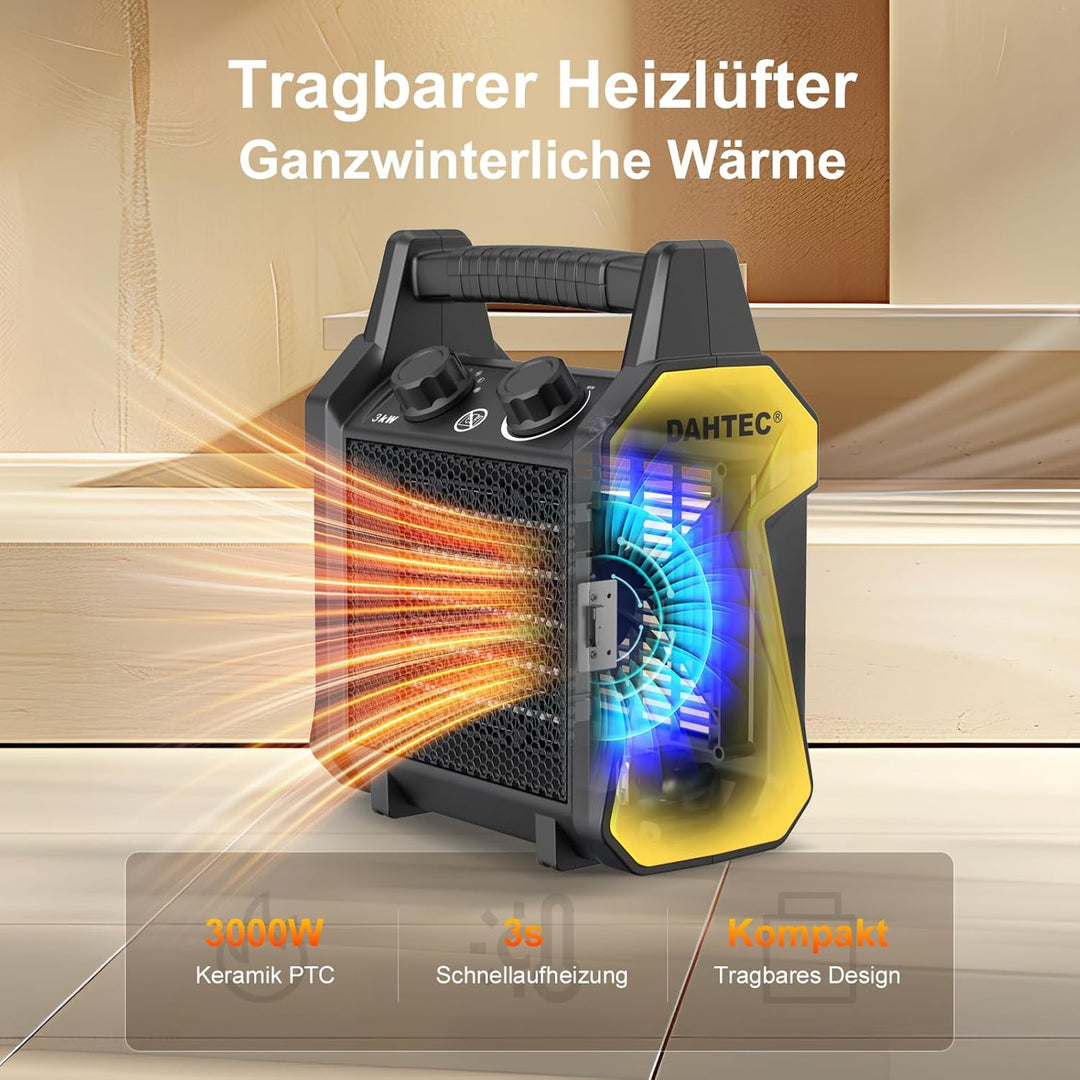 Keramik Heizlüfter 3000 Watt mit Thermostat & Kippschutz Elektroheizgebläse elektrisch Heizgerät mit