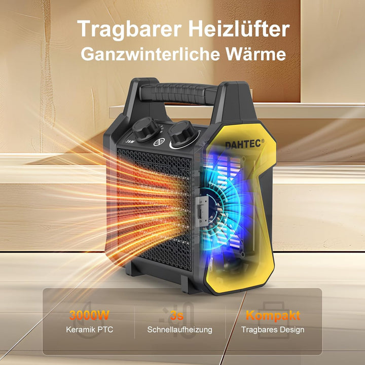Keramik Heizlüfter 3000 Watt mit Thermostat & Kippschutz Elektroheizgebläse elektrisch Heizgerät mit
