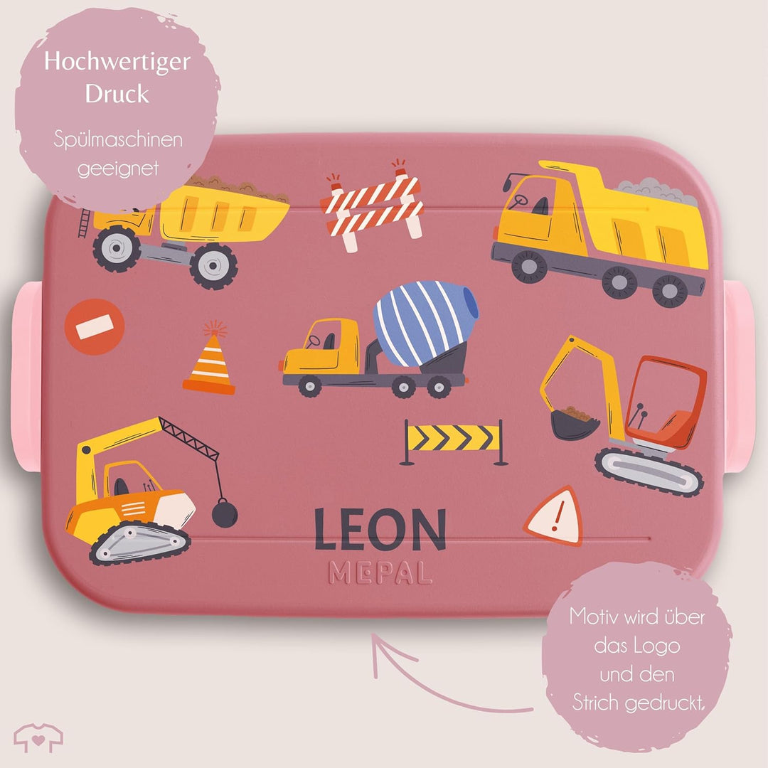 Kinder Bento Box Midi für Mepal Bentobox - Brotbox Bagger mit Name Lunchbox Baustelle Jausenbox Baus