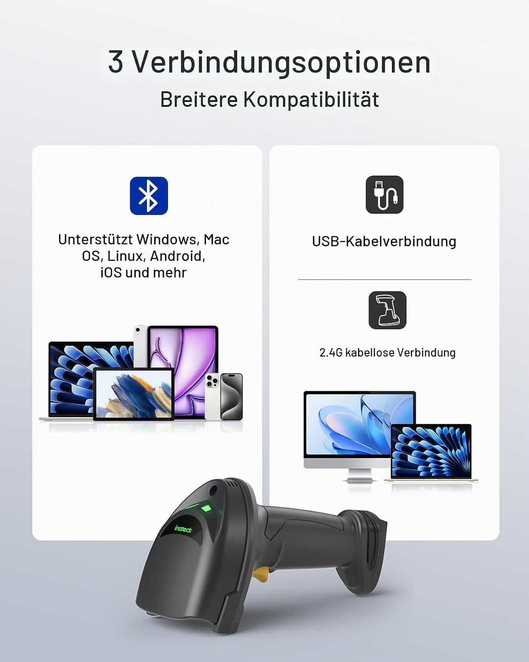Inateck Barcode Scanner Kabellose, QR Code Scanner mit Smart Base, 1D/2D, Bluetooth/2.4G/USB 3-in-1-