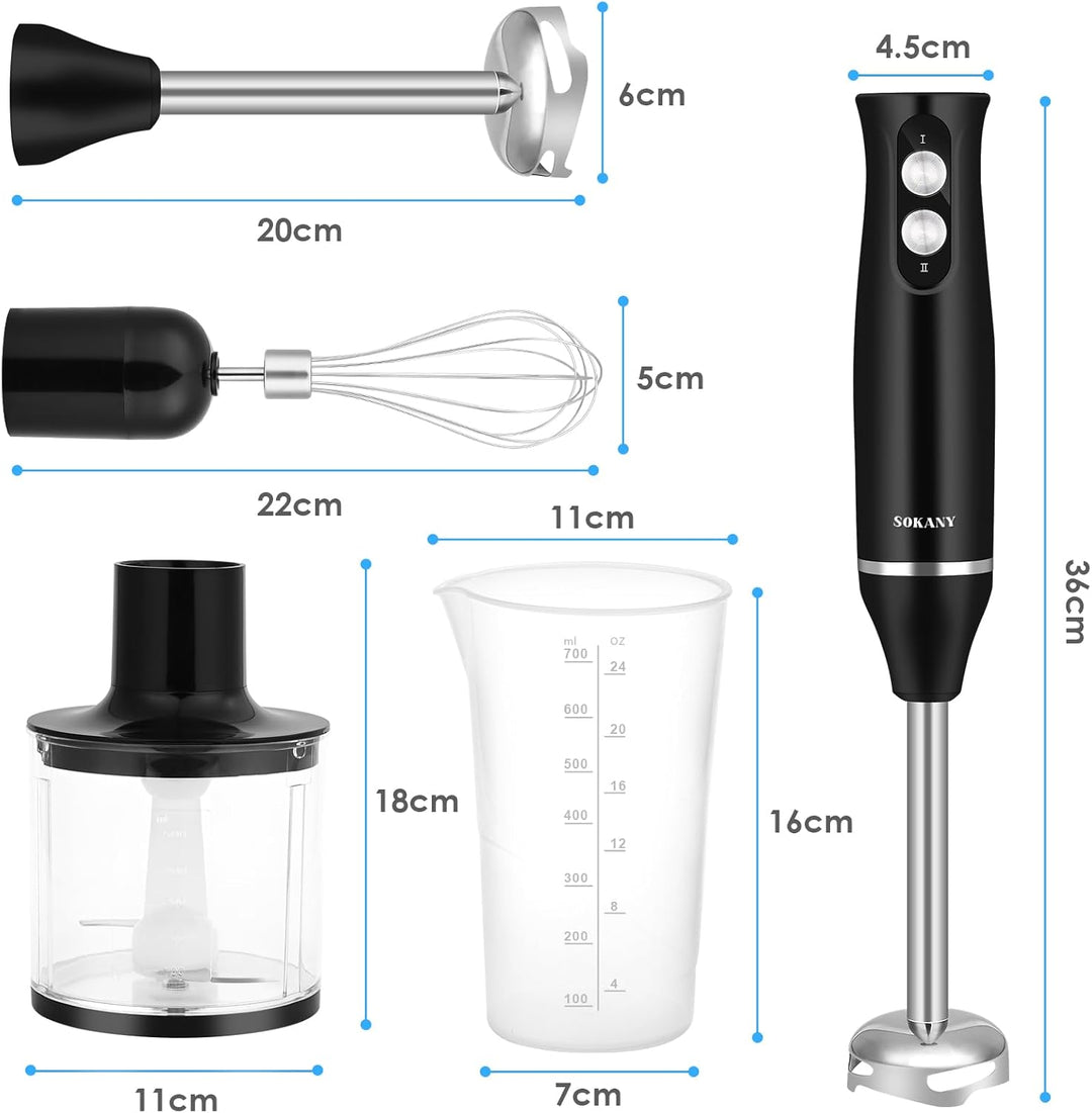 Dreamhigh 4-in-1 Elektrische Stabmixer Set, 500W Pürierstab mit 2 Geschwindigkeiten, inkl. Schneebes