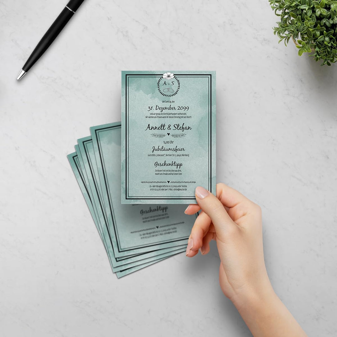 10 x Hochzeitseinladungen Silberhochzeit silberne Hochzeit Einladung - Hand in Hand 10 Stück Silbern