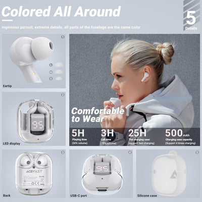 ACEFAST T6 Bluetooth Kopfhörer In Ear, Kopfhoerer Kabellos mit Dual-Mikrofon und KI-Anruf, Komposit-