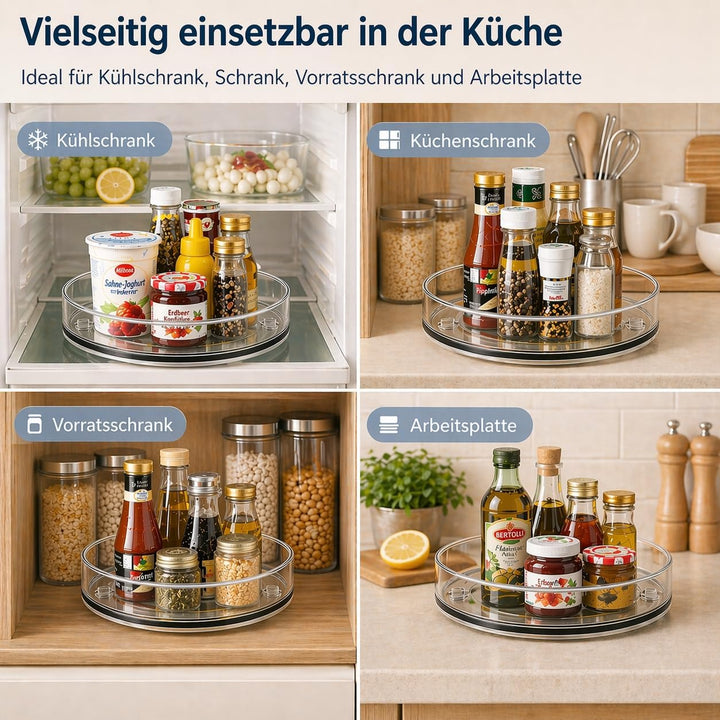 Kühlschrank Organizer Drehteller 2er Set, 360° drehbarer Lazy Susan Küchen Organizer transparent, 23