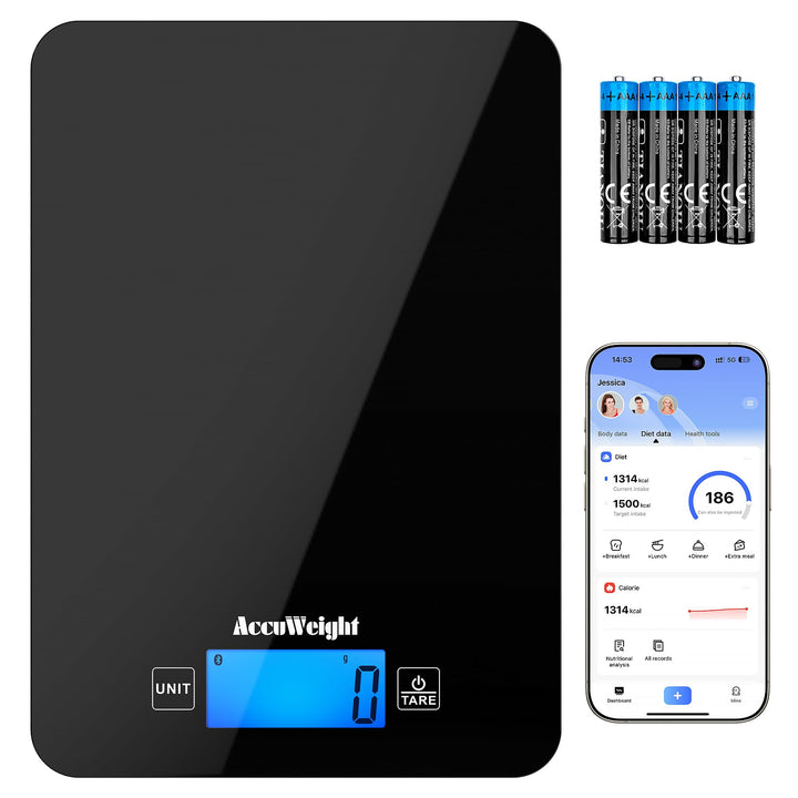 ACCUWEIGHT Küchenwaage Bluetooth mit Nährwertrechner (mit 4 Batterien) Digitale Lebensmittelwaage bi