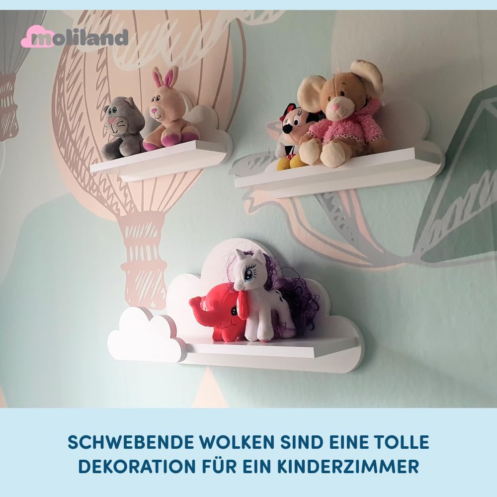Wandregal Kinderzimmer Wolke Weiss (3er Set) – Modell Laguna Prestige – Solides 18mm MDF Bücherregal