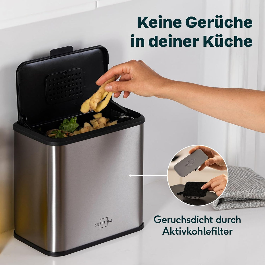 SILBERTHAL Biomülleimer Küche 4L – Edelstahl – Mit Deckel – Geruchsarmer Komposteimer für die Küche