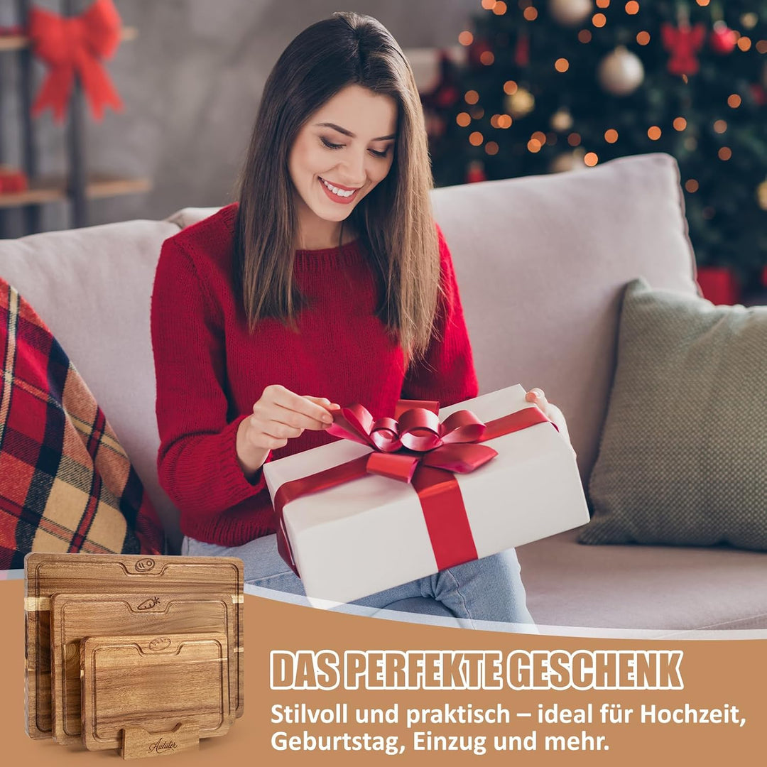 Akazienholz Schneidebrett Set 3-teilig mit Saftrille &amp; Griffmulde | Massives Holzbrett für Fleisch,