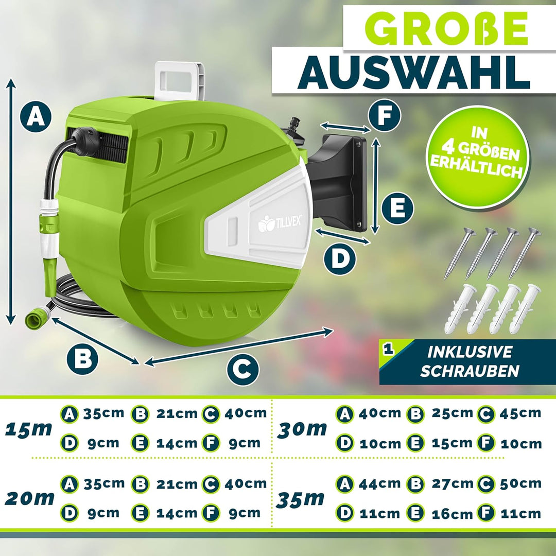 tillvex Schlauchtrommel Wasser mit Wandhalterung + Tragegriff | Schlauchaufroller mit Handbrause und