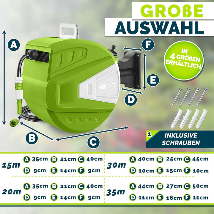 tillvex Schlauchtrommel Wasser mit Wandhalterung + Tragegriff | Schlauchaufroller mit Handbrause und