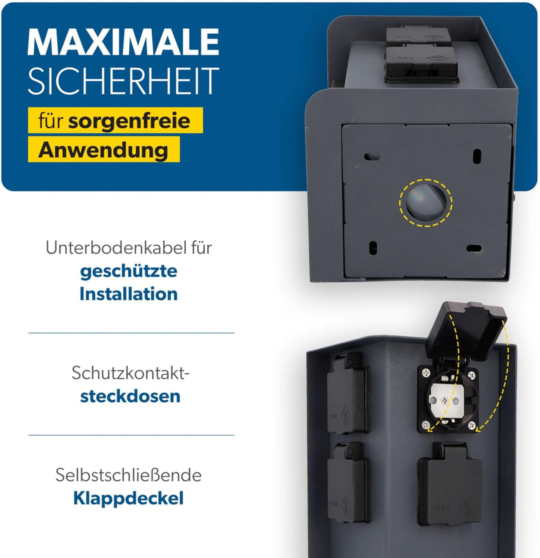 UNITEC Steckdosenverteiler für den Garten, Steckdosensäule, Aussensteckdose Edelstahl, IP 44, 4 Stec