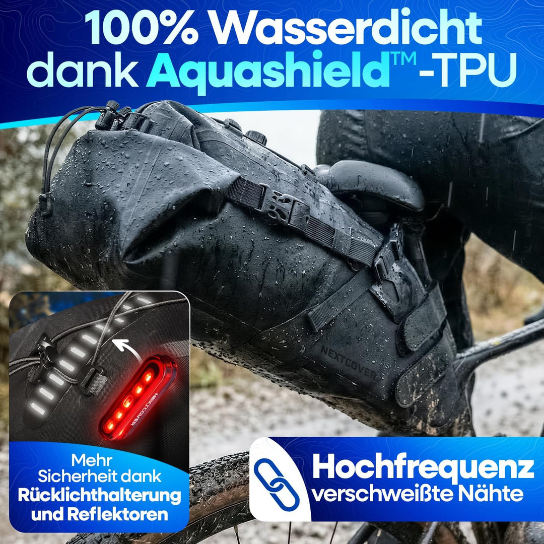 Nextcover® Bikepacking Satteltasche [12 Liter] I Fahrradtasche Sattel I 100% Wasserdicht Dank AquaSh