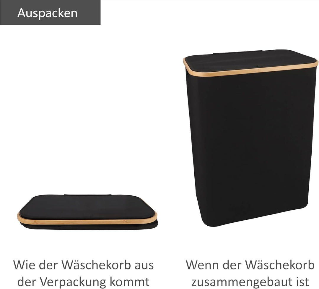 Wäschekorb mit Deckel 160L - Schwarz - Wäschekorb 3 Fächer - Wäschesortierer 3 Fächer - Korb mit Dec