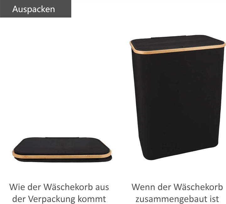 Wäschekorb mit Deckel 160L - Schwarz - Wäschekorb 3 Fächer - Wäschesortierer 3 Fächer - Korb mit Dec