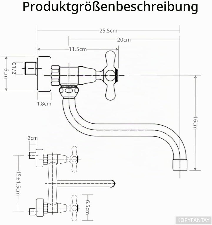 Mischbatterie Küche Wandmontage Chrom, 360°Drehbar Doppelgriff Wasserhahn Küche Messing, Wand Spülti