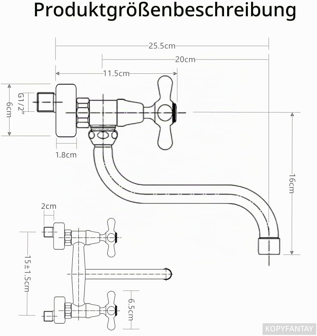 Wasserhahn Küche Wandmontage Messing Antik, Küchenarmatur Mischbatterie Wand, 360°Drehbar Doppelgrif