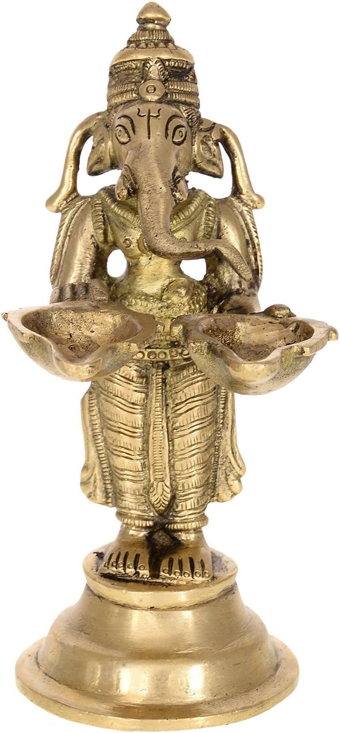 Purpledip Unique Brass Ganpati Idol holding twin diyas, Indian gift Ideas (10222)