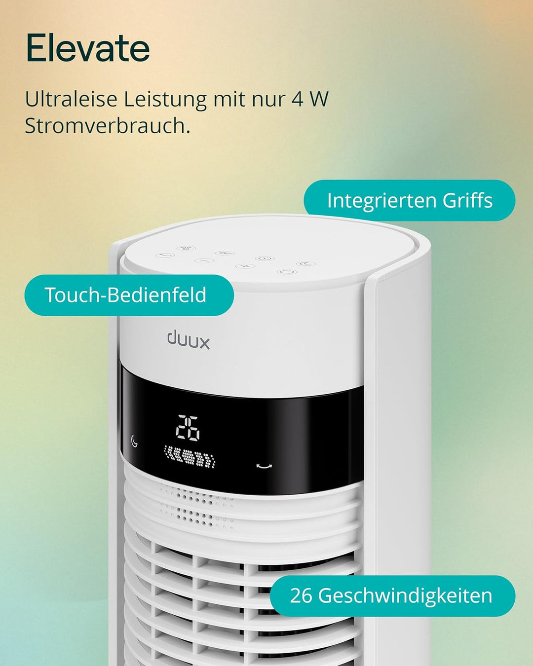 Duux Elevate Turmventilator – 12 Geschwindigkeiten, 80° Oszillation, Nur 25 dB, Ionisator, Timer (1–