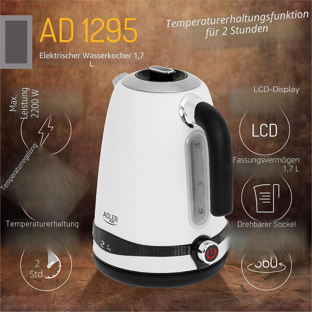 Adler AD 1295w Wasserkocher weiss seidenmatt 1,7 Liter mit LCD-Anzeige und Temperaturregelung 2200W