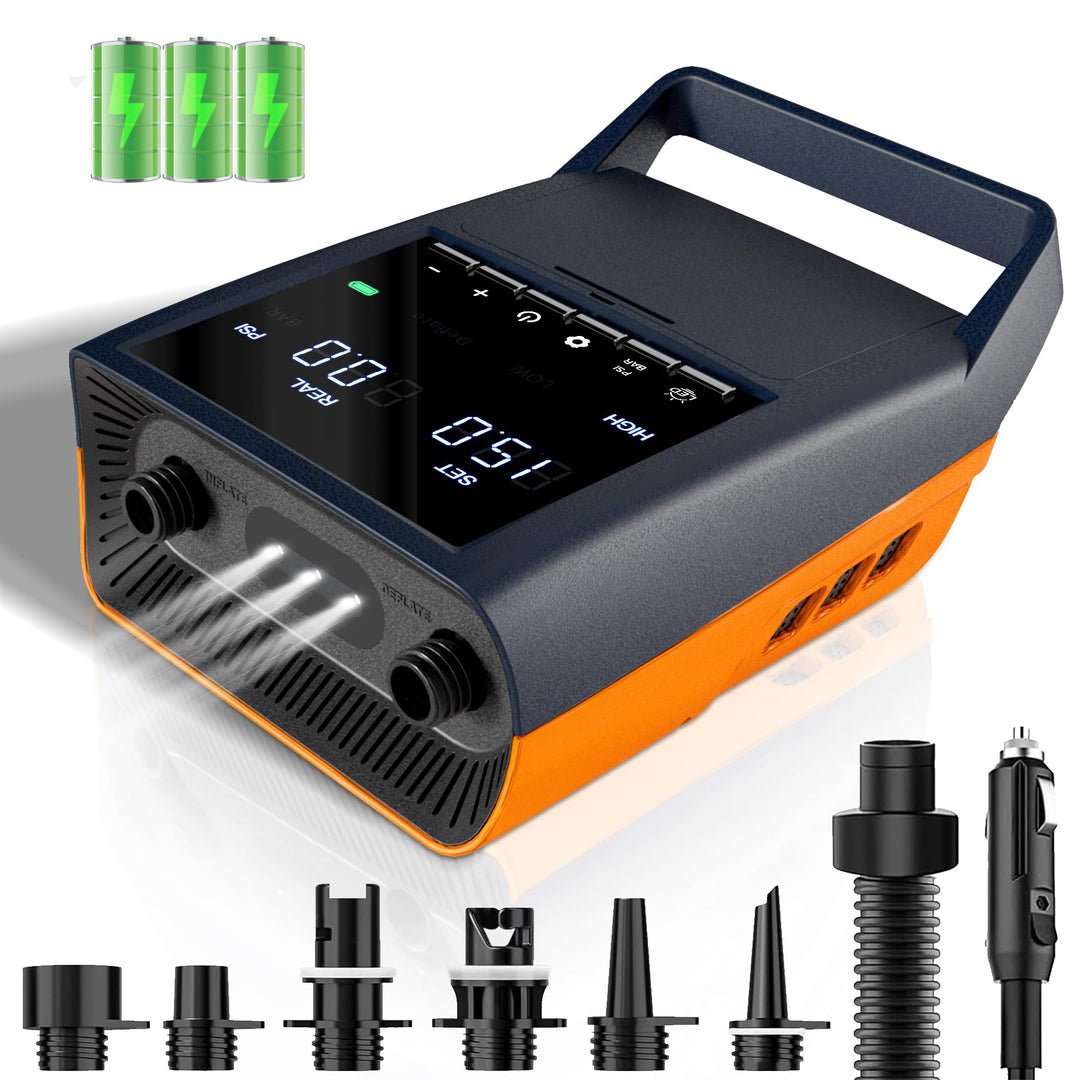Mojimdo Elektrische SUP Pumpe 20 PSI, Wiederaufladbare Luftpumpe, Auto-Off, 12V DC & Typ-C, mit 6 Dü