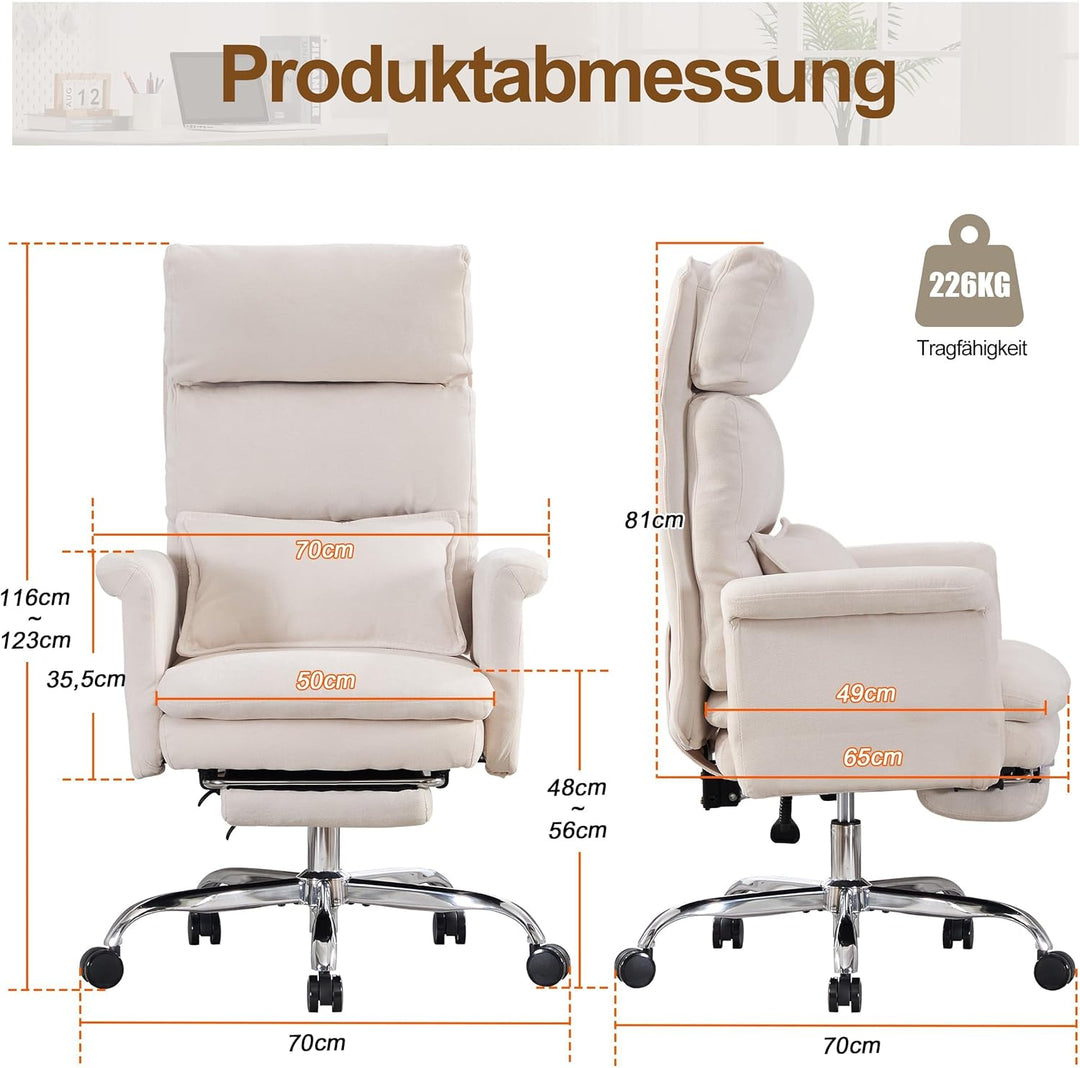 UEV Bürostuhl Ergonomisch mit Fussstütze bis 226kg,klappbare Armlehnen/Dicker Sitzpolsterung/Verstel