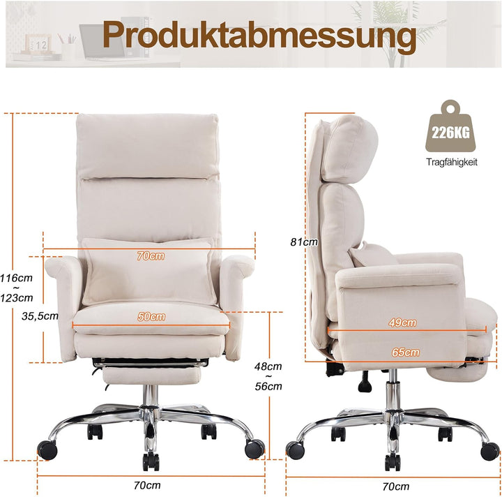 UEV Bürostuhl Ergonomisch mit Fussstütze bis 226kg,klappbare Armlehnen/Dicker Sitzpolsterung/Verstel
