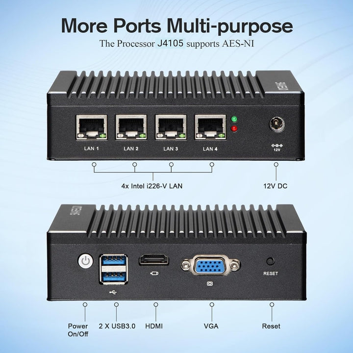 Firewall Mini PC,4X Intel 2.5 GbE i225/i226 LAN Intel J4125 4C/4T Micro Firewall Appliance, AES NI,