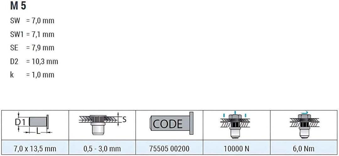 GOEBEL® - 250 x Blindnietmuttern Nietmuttern M5 Stahl verzinkt (Ø x L) 7,0 x 13,5 mm Blindmuttern Fl