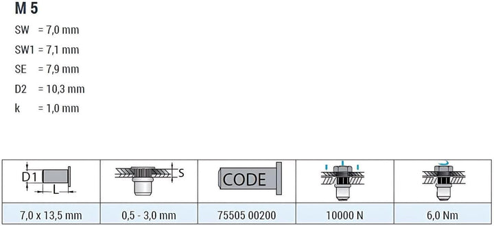 GOEBEL® - 250 x Blindnietmuttern Nietmuttern M5 Stahl verzinkt (Ø x L) 7,0 x 13,5 mm Blindmuttern Fl