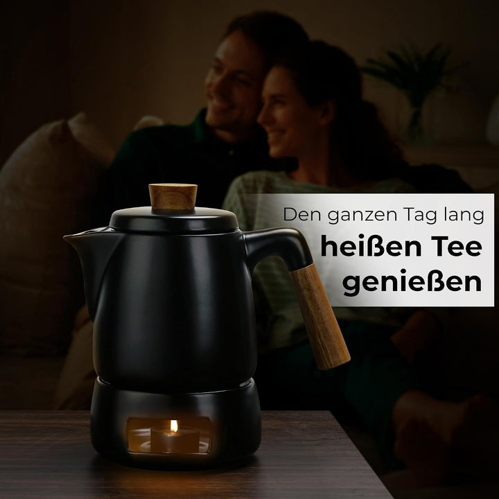 MIAMIO-Teeservice mit Teekanne Keramik (1l) mit Stövchen (Schwarz) | Teeset Teekanne &amp; Stövchen, Tee